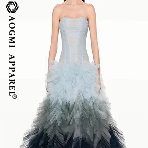 Haute Couture Luxury Fashion Eco-Friendly Ladies Sleeveless Backless Strapless Floor-Length A-Line Satin Layered Dress