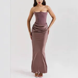 Women's Summer Satin Dress Strapless Backless Midi Evening Party Dress Sexy Slim Patchwork Natural Waistline