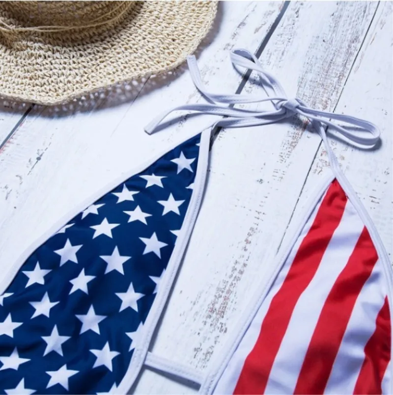 3D Logo V-Neck One Piece Bikini Set US Flag Print Solid Sexy Fitness Swimwear Plus Size Beachwear for Women Thongs Bottom Type