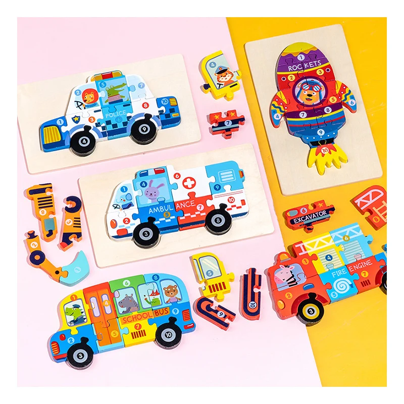 Montessori Spielzeug Drewniany ruch pojazdów 3D edukacyjne puzzle dla małych dzieci Puzzle świąteczne prezenty