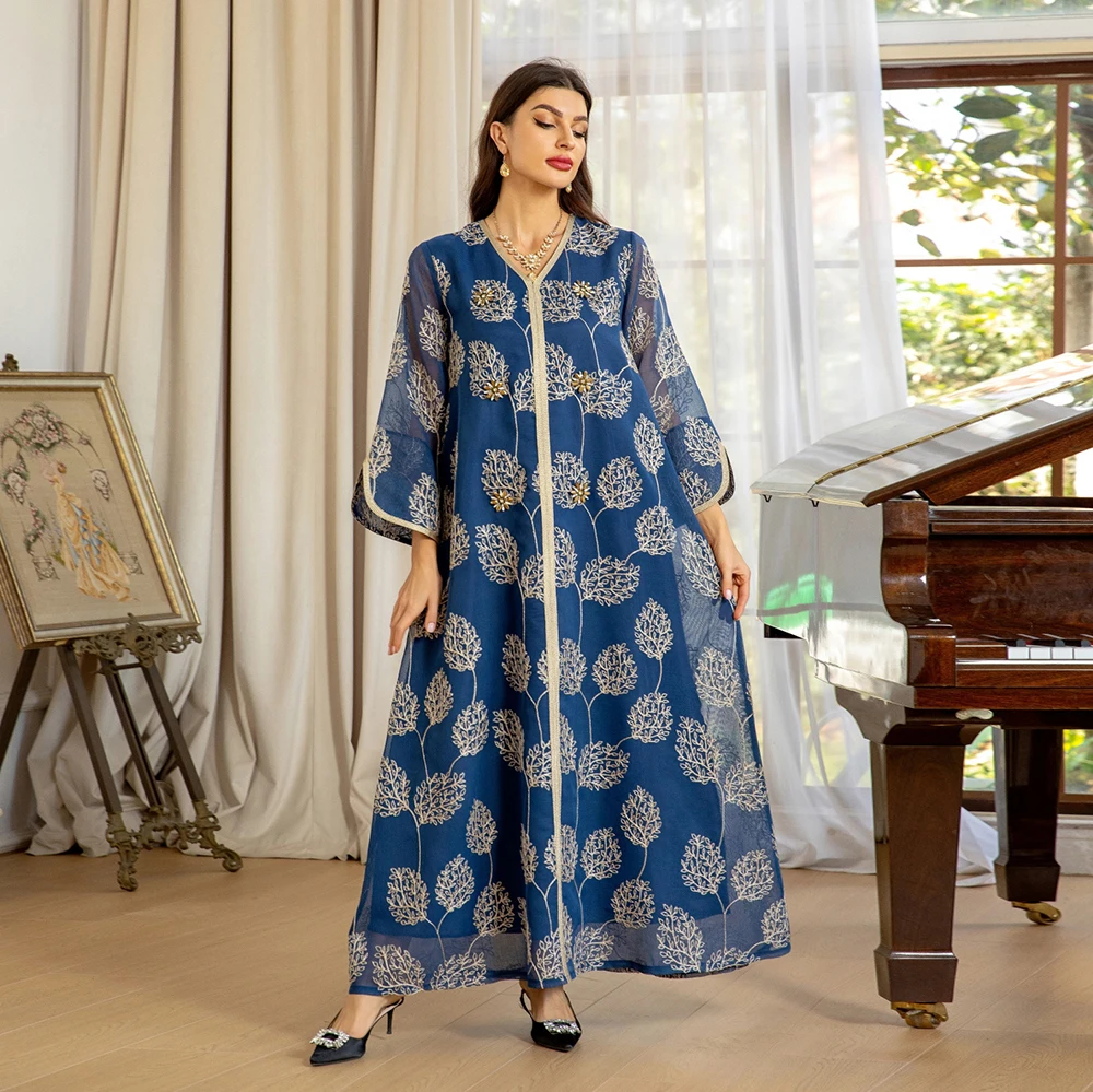 green emerald velvet dress Designer Kaftan Flowy Arabic Dress with Hand Embroidery and Block Print XS / 60 Inches / No Scarf