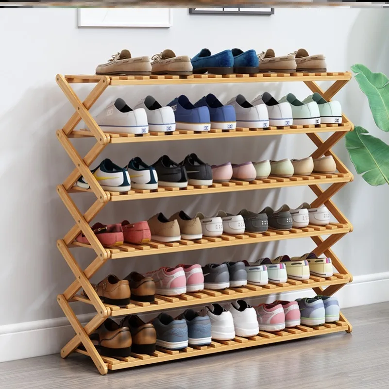 Brown Bamboo 6-Tier Folding Shoe Rack Modern Adjustable