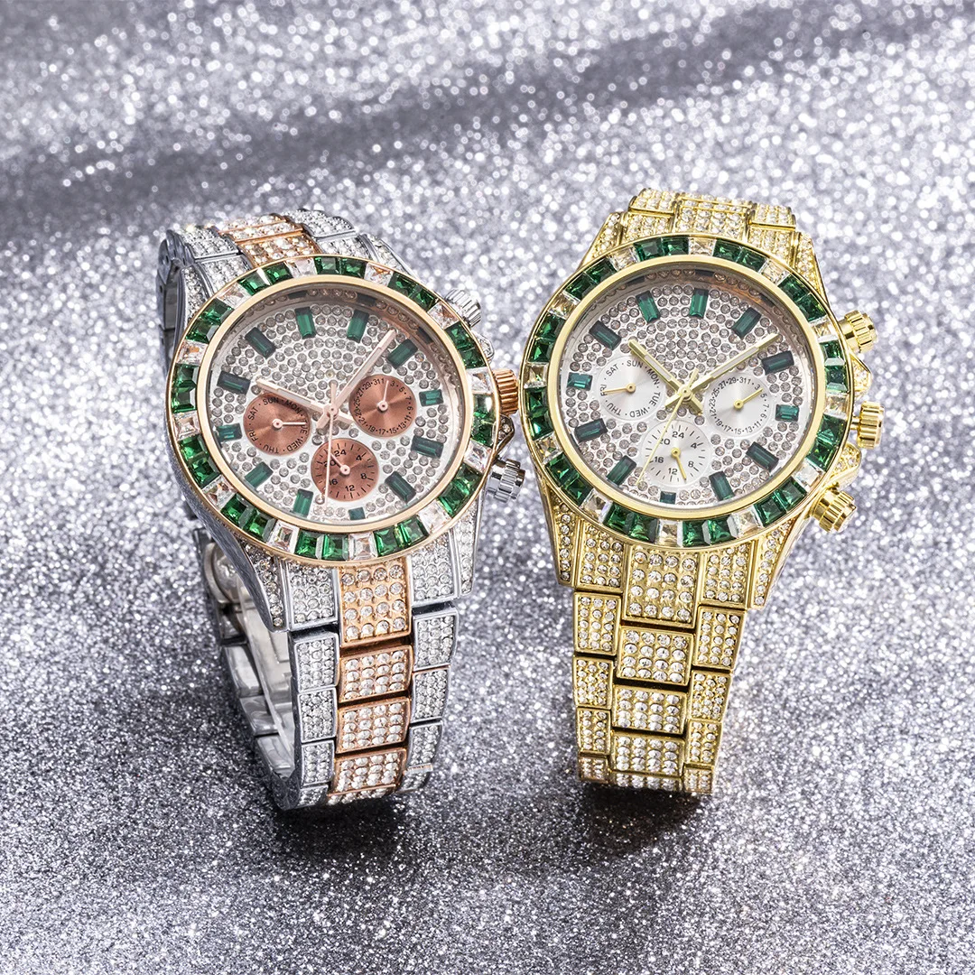 New Luxury Icy Out Men's Watches Hip Hop Full Diamond Gold Green Quartz  Wristwatch Waterproof Steel