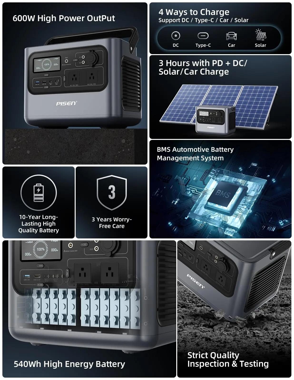 Portable 540Wh 600W Power Station with Home LiFePO4 Battery for Recharging Car Battery  Inverter Solar Panel Supply Generator