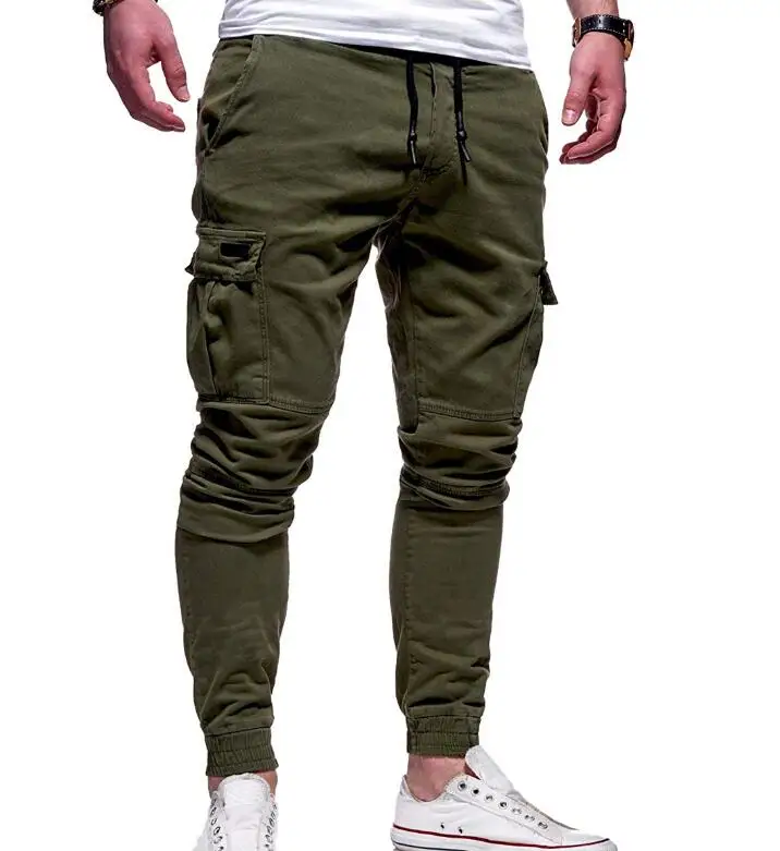 Men's new casual pants Youth fashion trend pure color rope men's sports large size cargo pants