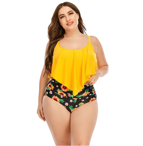 Custom Logo Women Plus Size Yellow Ruffle Swim Top Sunflowers Printed High Waisted Yellow Swimwear 5xl