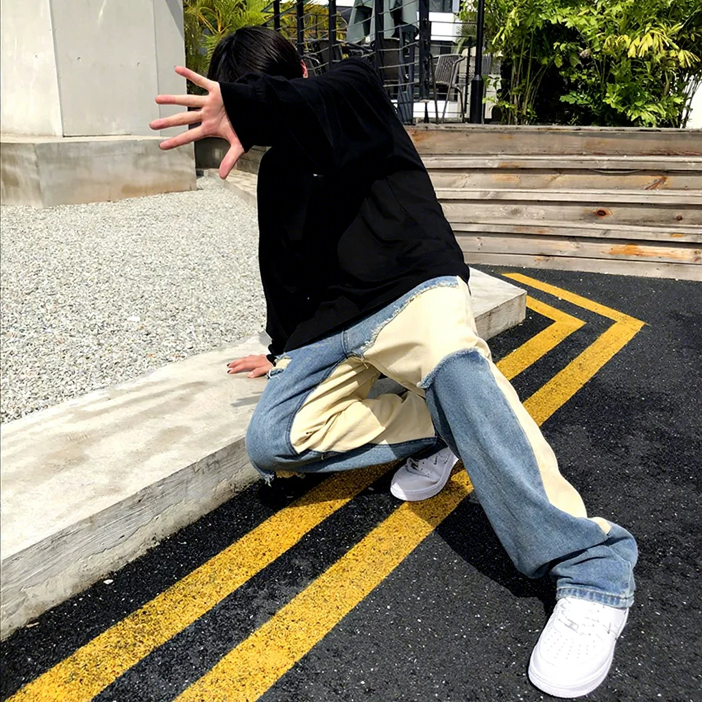 Men's Y2K Street Style High Street Embroidery Patch Work Baggy Jeans Custom Stitching Ripped Denim Breathable and Waterproof