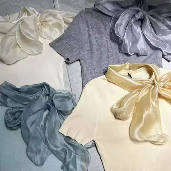 Sophisticated Women's Summer Top 100% Cotton Knitted Sweater with French Ribbon Design Low Price Thin-Sleeved Elegant Top