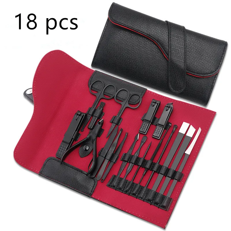 Original Factory 18 Piece Black Nail Clipper Kit Pedicure Tools Travel Manicure Set