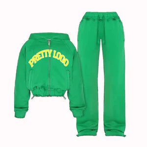 French Terry Oversized Zip up Distressed Hoodie Women Manufacturer Acid Wash Patch Applique Embroidered Jogger Cropped Hoodie