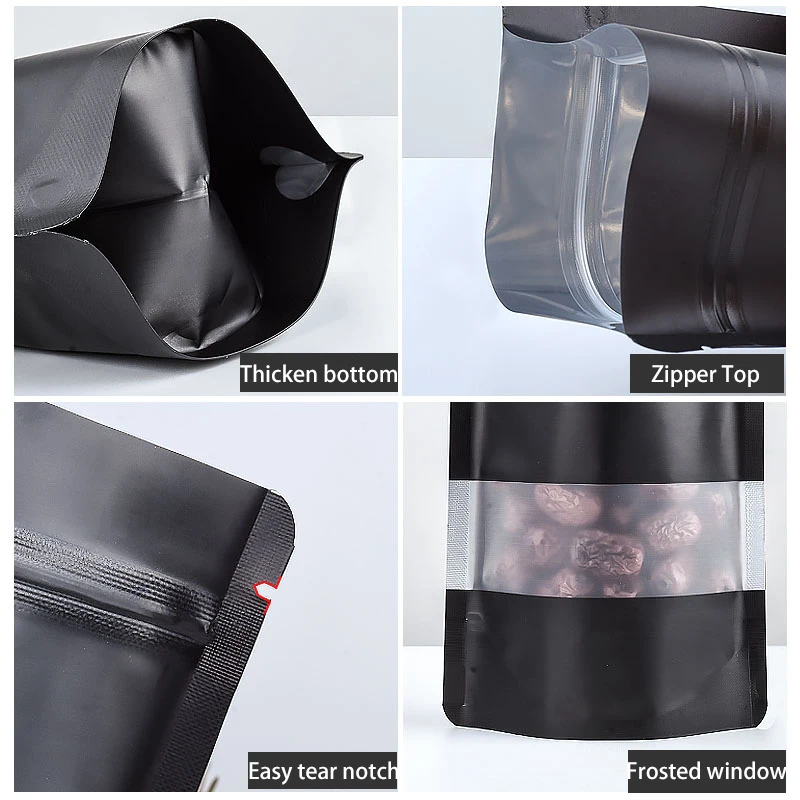 0.2mm Custom Black Frosted Window Zipper Bag for Food Packaging Print for Spices Dry Fruits Chewing Gum  Canned Food Wholesale