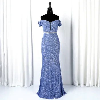 New arrival elegant off shoulder hand made sequined party formal gowns blue evening dresses