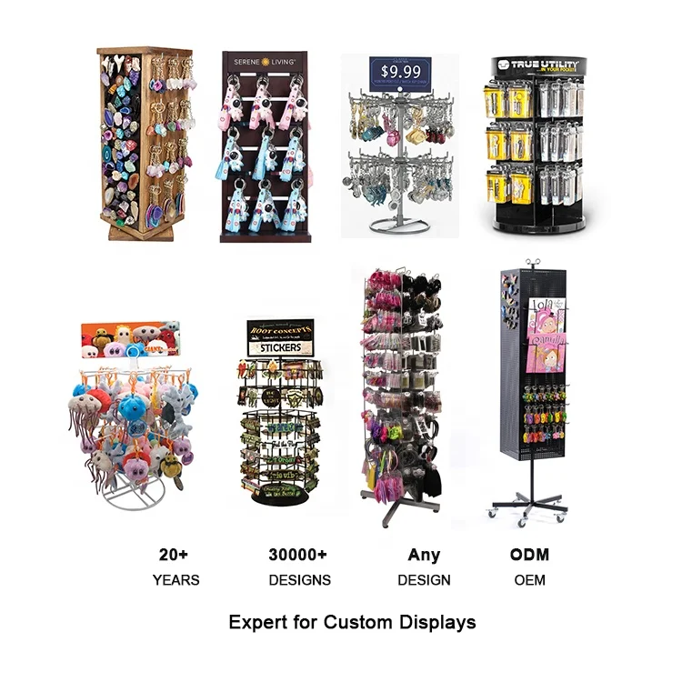 Counter Top Keychain Accessories Retail Store 2-Way 18 Metal Hooks Wood Spinner Display Stand
