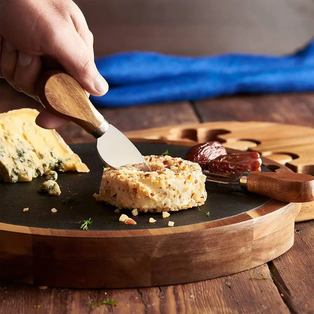 Горячая Распродажа популярный набор колбасных досок круглая горка Сервировочная доска из дерева акации сланец для