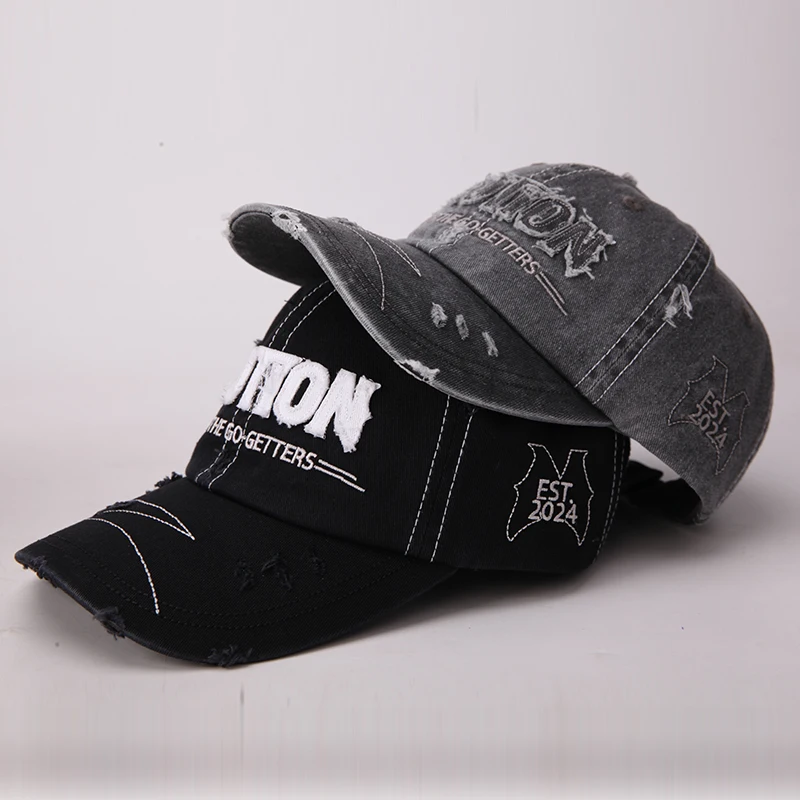 Factory Wholesale High Quality Custom Logo Broken Distressed Denim Baseball Cap 6 Panel Unstructured Denim Dad Hat