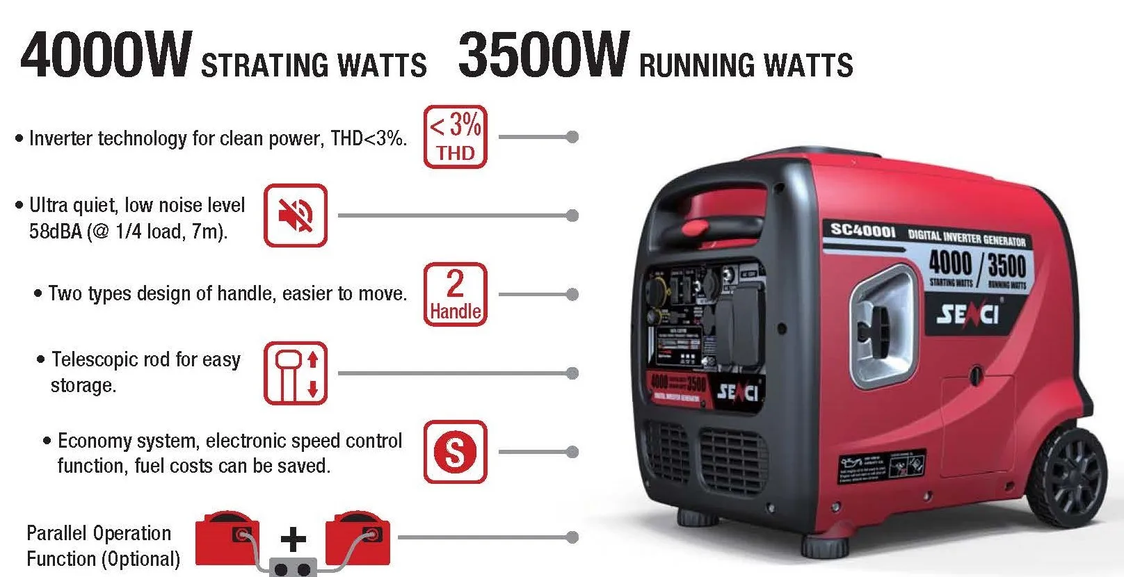 センシ超静音インバーターガソリン発電機 ポータブル3500W 4000W 単相