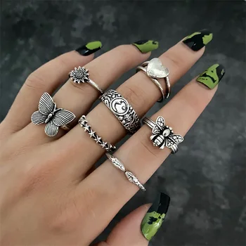 VKME Bohemian Silver Rings Set Geometric Butterfly Antiques Finger Ring For Women's Fashion Crystal Personality Jewelry Gift