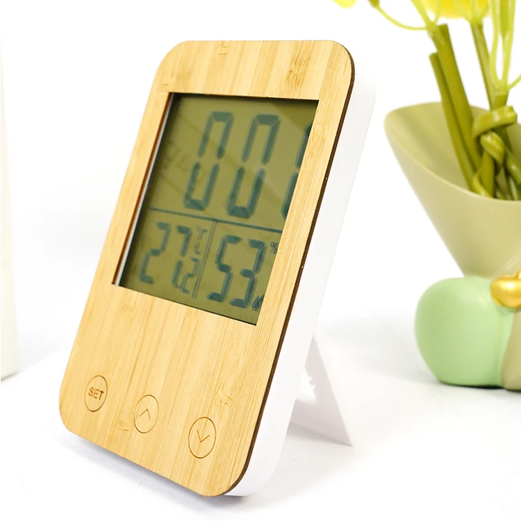 Indoor LCD Electronic Bamboo Temperature Humidity Meter Digital Thermometer Hygrometer Weather Station Alarm Clock