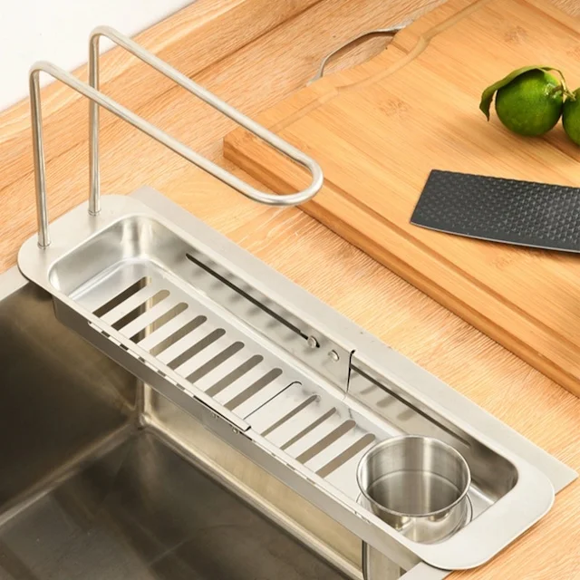Supporto per spugna per lavello da cucina, in acciaio inox 304, organizer per lavello da cucina, vassoio scolapiatti da appendere, regolabile, portasapone, per piano di lavoro o bastone da parete, con