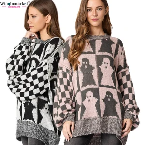 Wholesale Knitted Sweaters Checkered Ghost Pumpkins Jacquard Pullover Spooky Season Oversized Halloween Sweater Women