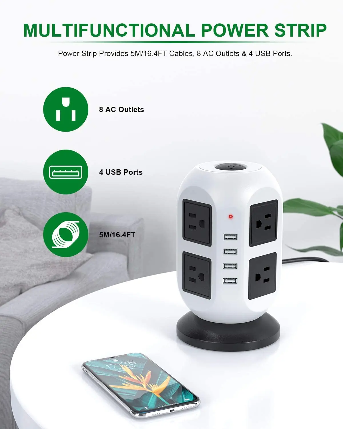 PSE Power Strip Tower With 8 AC Outlets 4 USB C Ports Surge Protector Universal Flexible Power Strip Tower Brazil