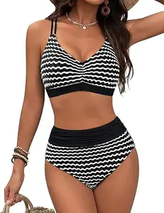 Custom Women High Waist Bikini Swimsuit Striped Two Piece Swimwear OEM Beachwear Adjustable Strap Swimwear Designer Bikini Set