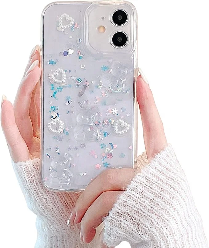 Laudtec Cute 3D Bear Glitter Bling Clear Design Case for iPhone 16 pro max with Phone Chain Women Girl Shockproof Case