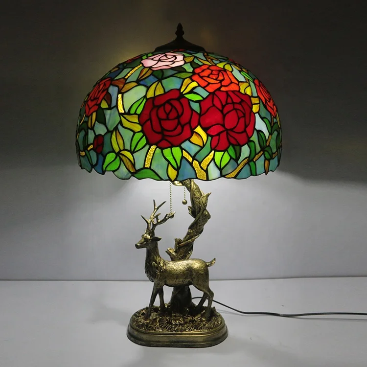 LongHuiJing 16Inch Large tiffany Table Lamp Rose Flower Stained Glass Lampshade With Deer Resin Base