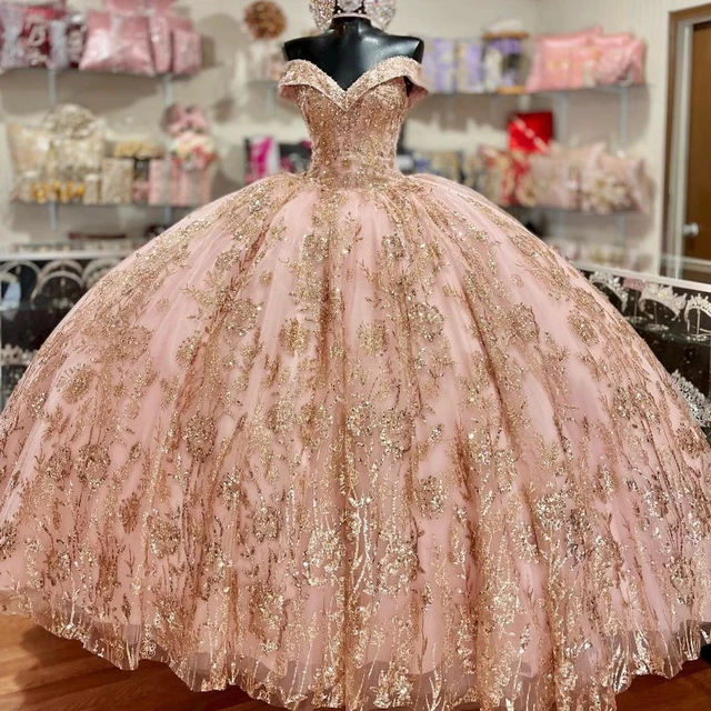 Mumuleo Pink Princess Quinceanera Dresses Off the Shoulder Ball Gown 2024 Sweet 16 Dress Gold Appliques Lace 15th Party Gown