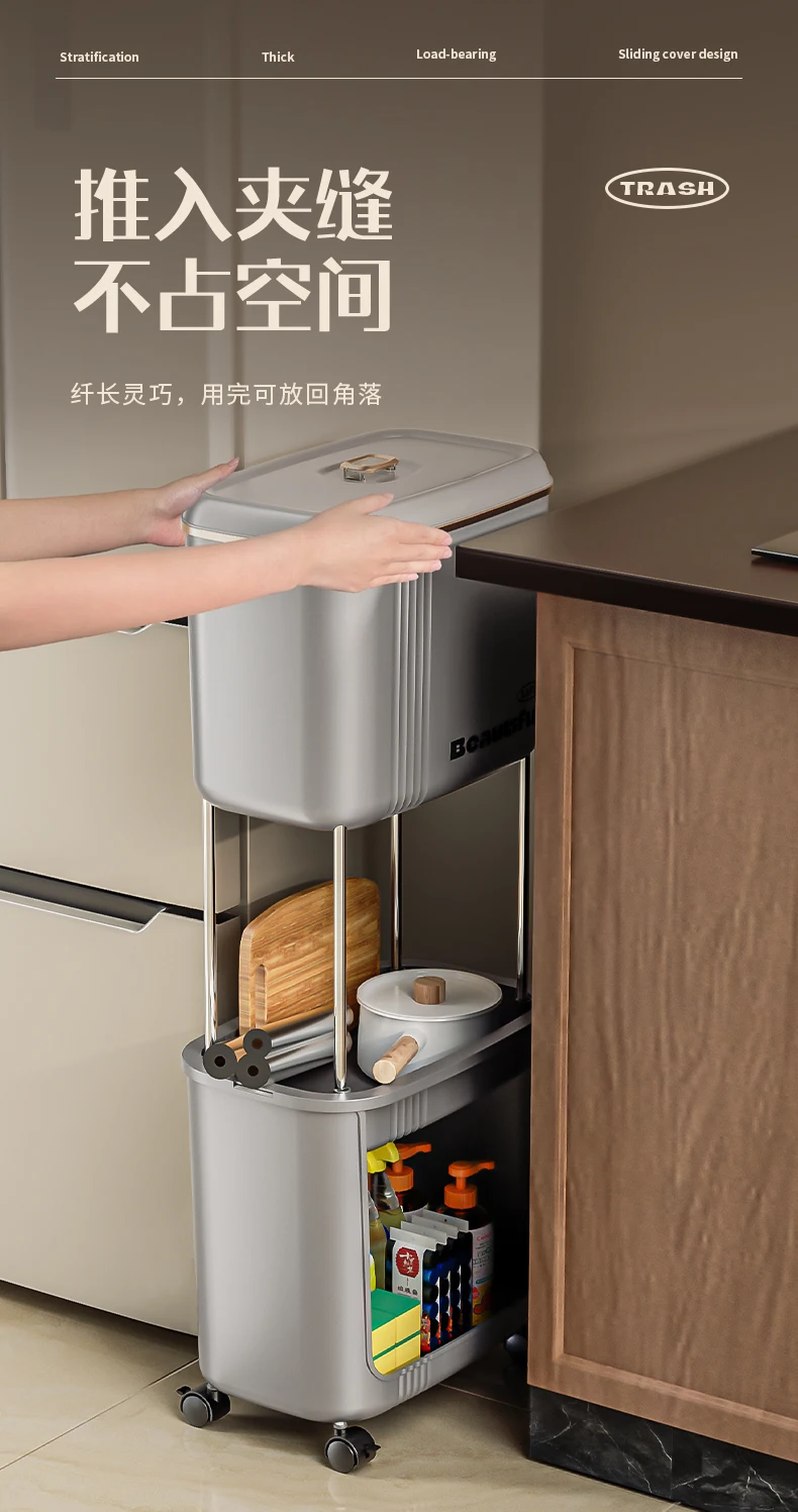 Double Tiers Standing Type Kitchen Storage Rack Carbon Steel Cooktop Organizer with Casters Trash Can and Pantry Space Saver