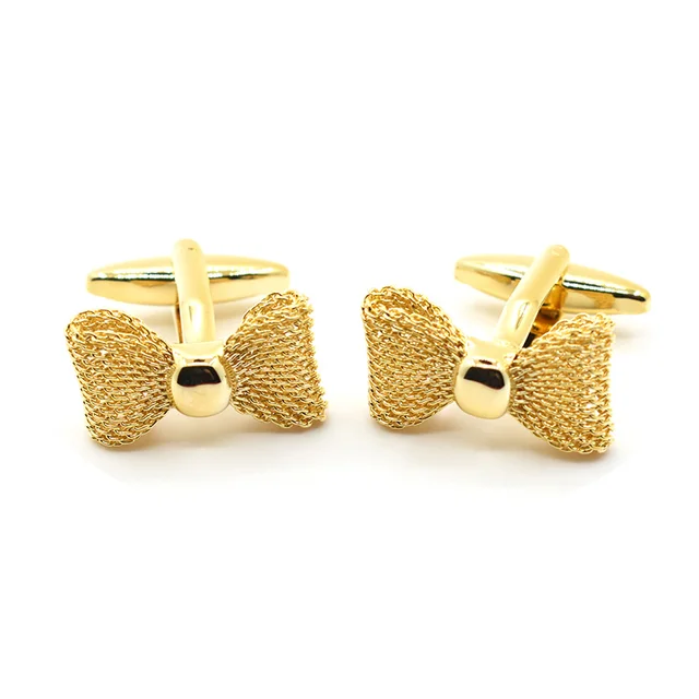 Wholesale Trendy Gold Bow Tie Novelty Cufflinks Custom Mens Suit Shirt Accessory Fashionable Cuff Links for Wedding Tuxedo