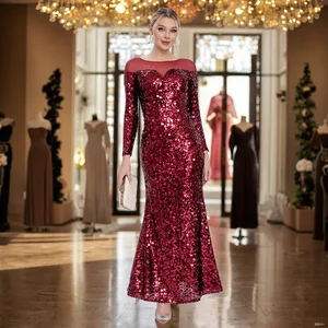 Clothing Manufacturer Pearl Bead Long Sleeve Ladies Evening Gown Sequin Mermaid Dress Women's Party Wear