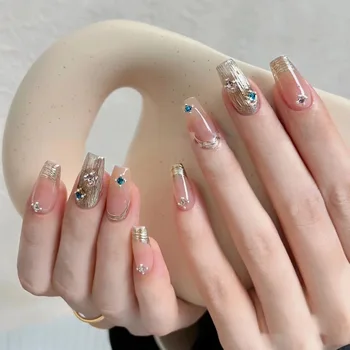 10 pcs legacy Style Nude Magic Mirror French Glitter Diamonds Pure Handmade Nail Art Wearable Nail handmade press on nails