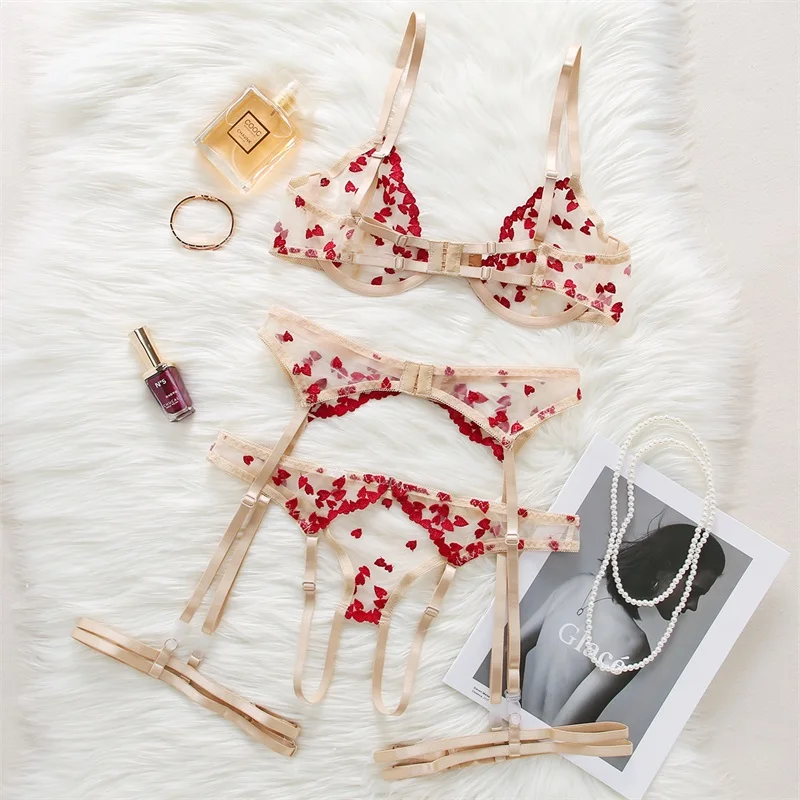 heart print garter sheer lingerie set