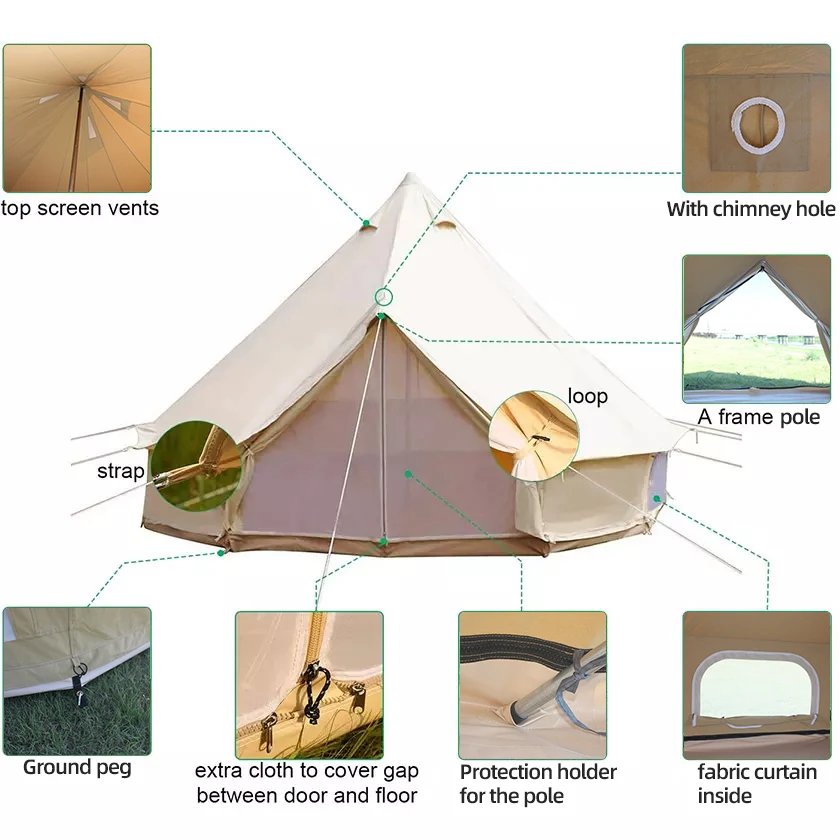 Polyester Cotton  Bell  Canvas Tent 3m 4m 5m Bell Yurt Tent for Outdoor Camping Tripod  Canvas Tent