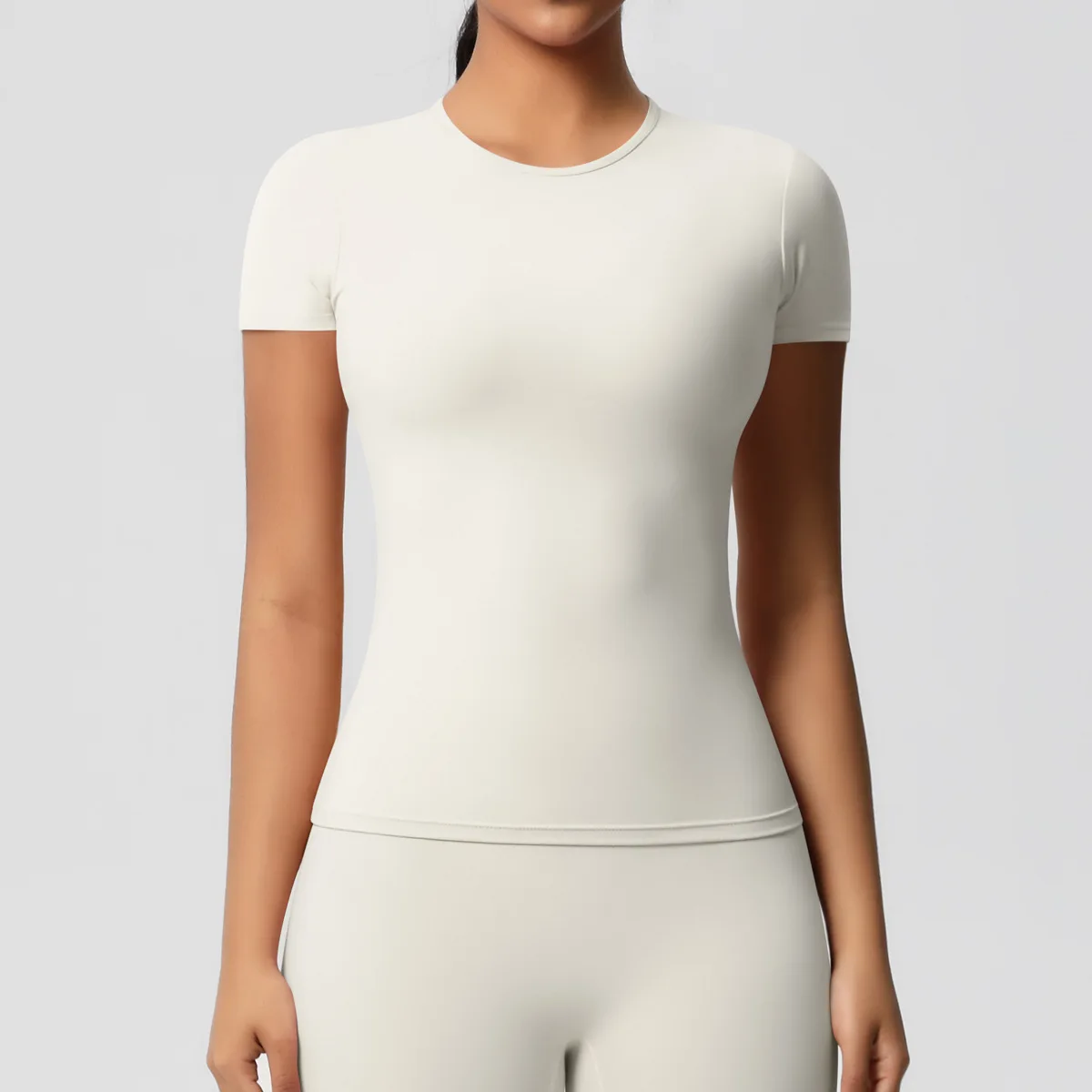 Stock Solid Color Double-sided Brushed Tight Breathable Spandex/Nylon Sports Short-sleev preview