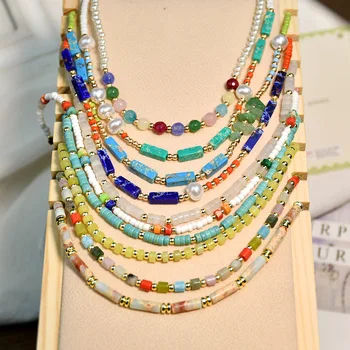 Fashion Clavicle Chain Handmade Boho Agate pearl rice beads Semi- Precious Stone Necklace
