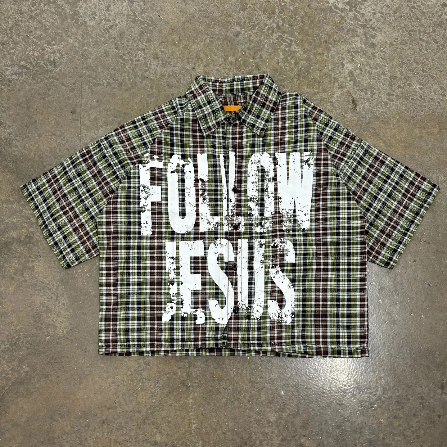 Custom High Quality Boxy Oversize Short Sleeve Screen Print Collar Button up Checkered Plaid Flannel T-Shirt Cropped T Shirt Men gallery 9