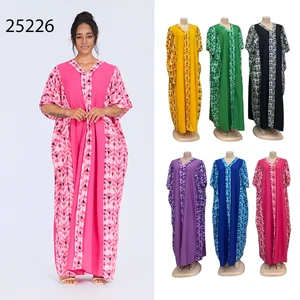 New Wholesale Fashion Loose Elegant Summer Muslim Robe Printed Women V-Neck Dress