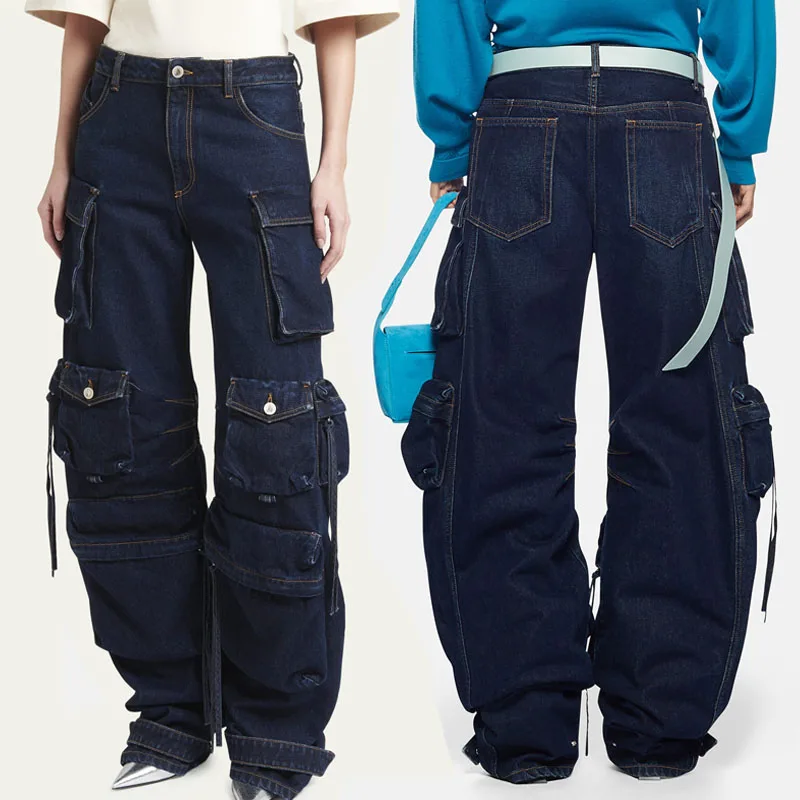 Relaxed Oversized Fit Multi-pockets Long Pants Dark Blue Cargo Pants Denim Jeans for Women