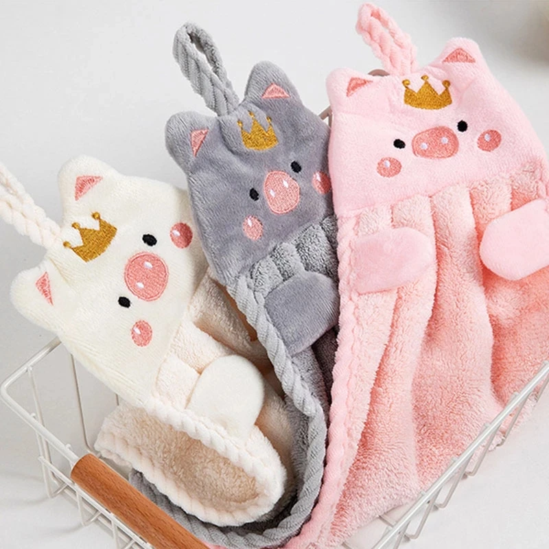 DS986 Kitchen Household Bathroom Cleaning Towel Absorbent Fast Drying Microfiber Dish Cloth Coral Velvet Cute Pig Hand Towels
