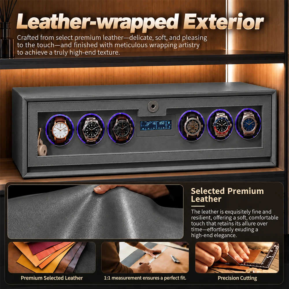 CEQSAFE Wholesale Customized Logo 6 Slots Walnut Mabuchi Motor Watch Display Box Automatic Watch Winder With Blue LED Light