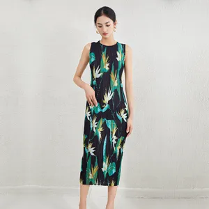 Summer New Miyake Striped Pleated Printed Maxi Straight Dress Women's Sleeveless Casual Natural Waist Dress