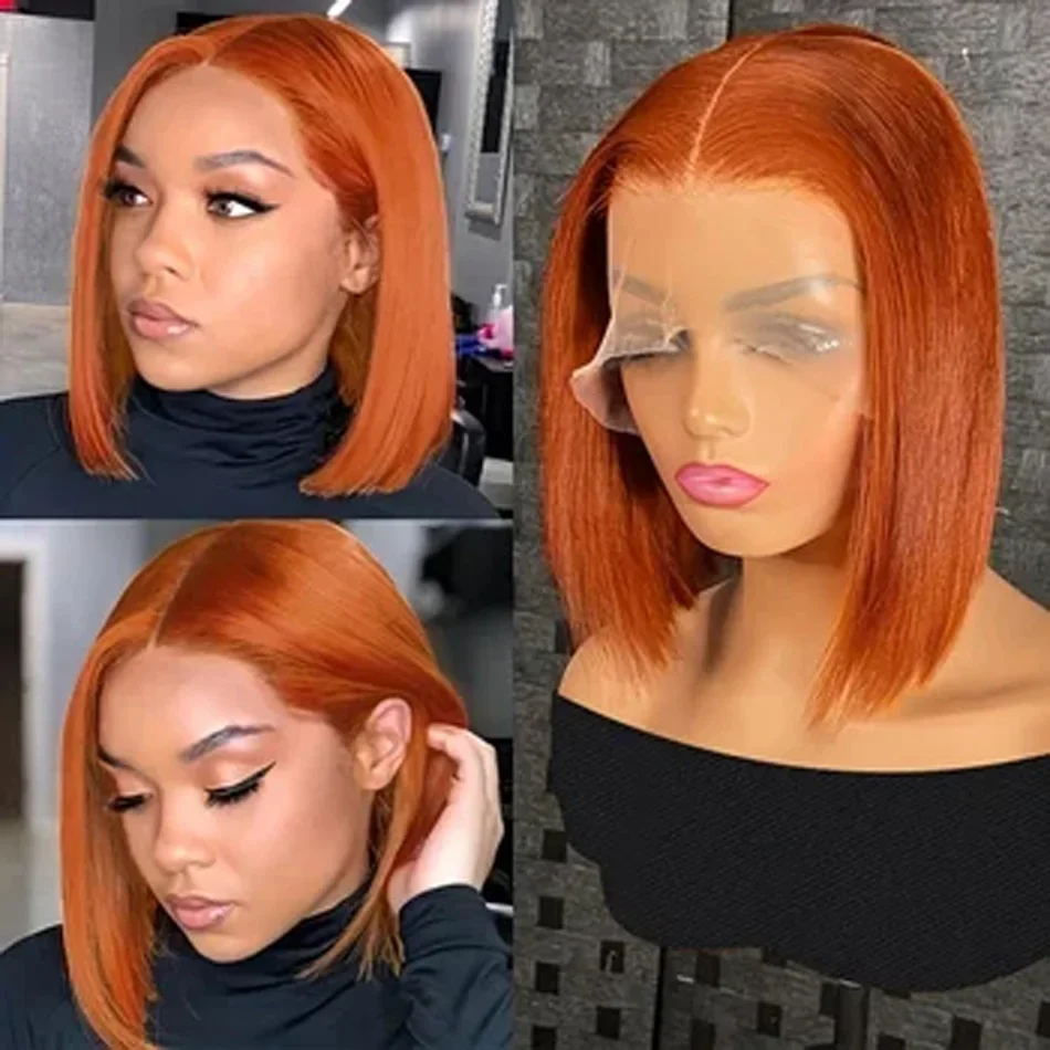 Kurze Bob Echthaar Lace Frontal Perücke Ingwer Orange Brasilianisches Remy für Frauen Täglich_voghion.com