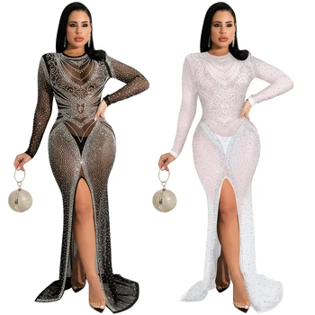 2024 hot selling European and American fashion sexy see-through wrap chest high opening bag hip solid color lace dress