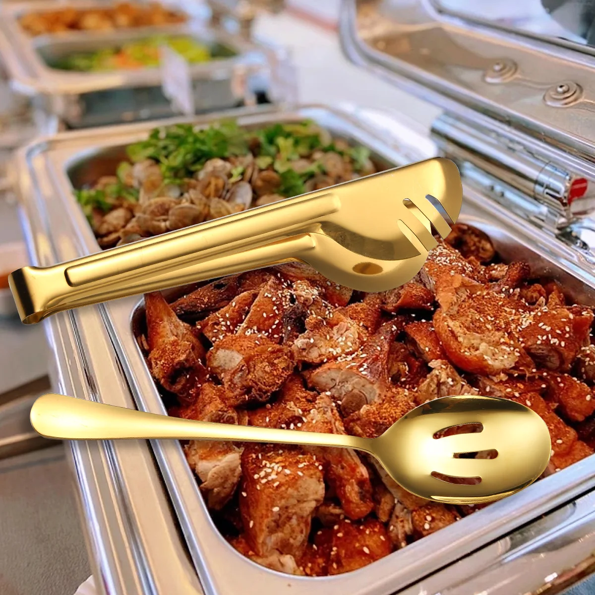 product large golden metal serving spoons slotted kitchen utensils stainless steel serving spoons serving forks cake spatulas-5