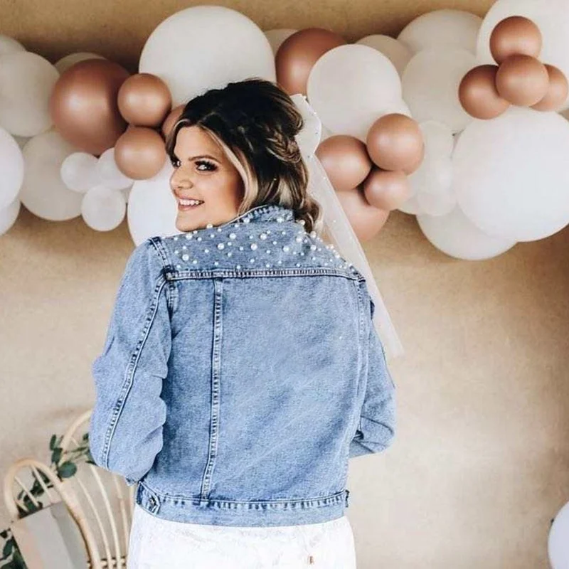 Popular Luxury Denim Jacket Women Fashion Design Casual Pearl Denim Coat  Long Sleeve Blue Jeans Jacket With Pearl