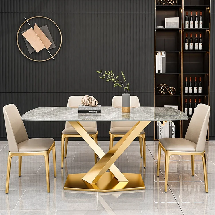 Modern Style Dining Tables with Chair Steel Base Home Furniture Marble Top Luxury Dining Table Set