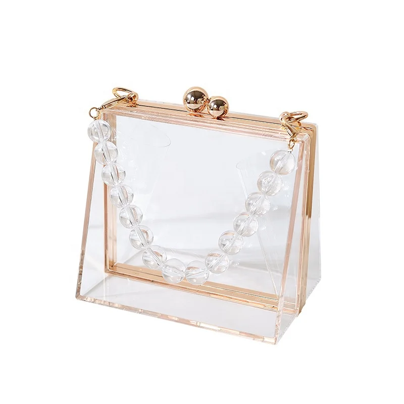 Designer Small Wedding Clear Acrylic Clutch Bags Women's Evening Purse with  Pearl Handle Chain Square Acrylic Box Cover Closure