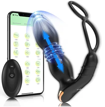 App & Remote Control Thrusting Anal Vibrator Prostate Massager with 2 Vibrating Cock Ring,Butt Plug G Spot Vibrator Adult Toy